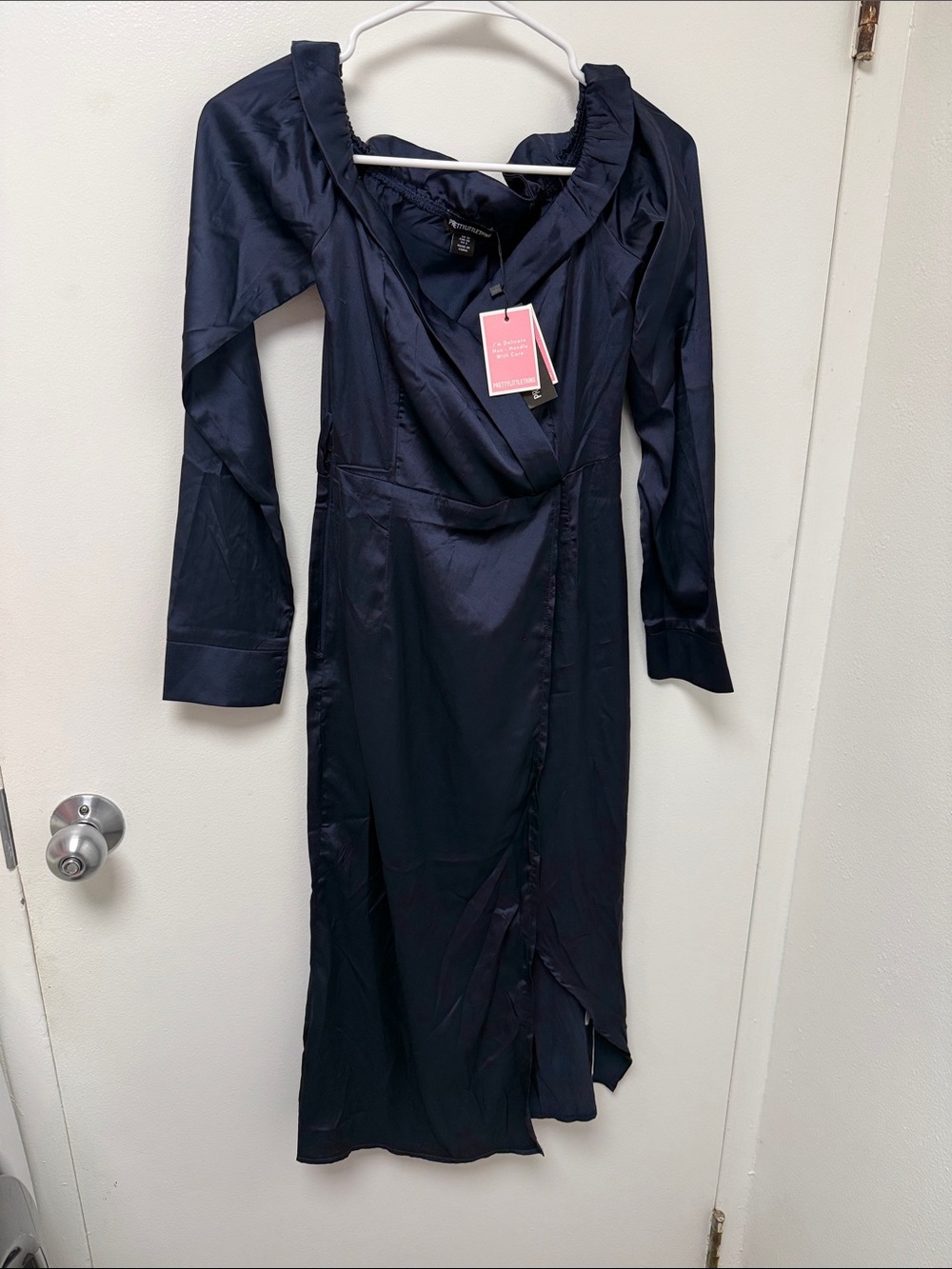 PrettyLittleThing Navy Satin Bardot Lapel Weap Midi Dress with Ruffle Collar